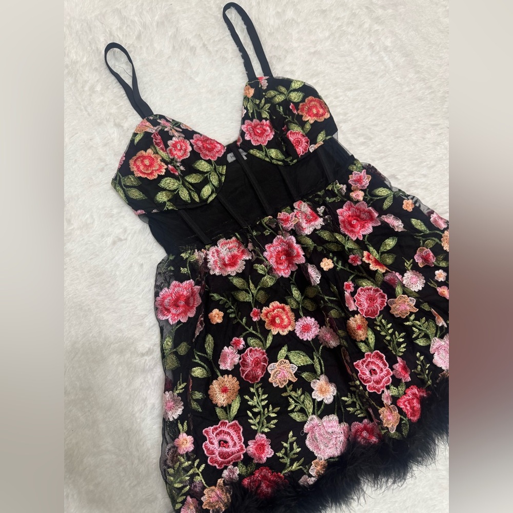 New L black lace floral embroidered dress boho festival flower lace short rave